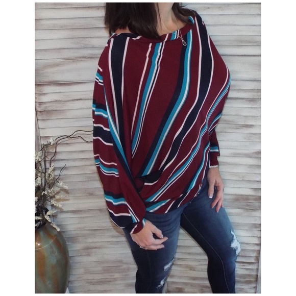 Striped Boatneck Dolman Off Shoulder Burgundy 0120 - Picture 7 of 11